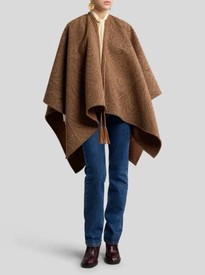 Etro Leather-trimmed Paisley-print Wool-blend Poncho In Brown