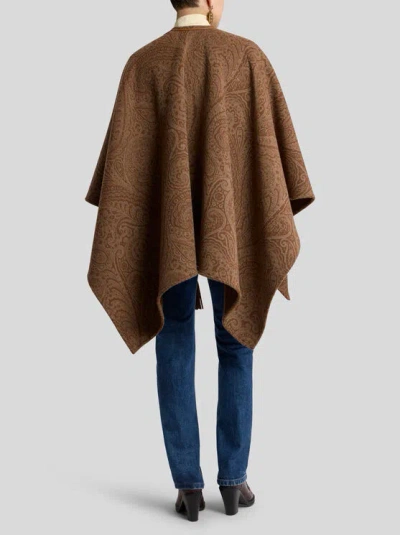 Etro Leather-trimmed Paisley-print Wool-blend Poncho In Brown