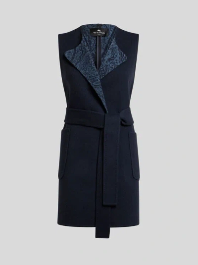 Etro Waist Belt Sleeveless Jacket Front Pockets In Blue