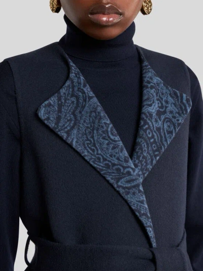 Etro Waist Belt Sleeveless Jacket Front Pockets In Blue