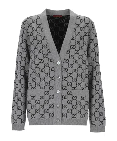 Gucci Wool Blend Cardigan With All-over Gg Motif In Gray