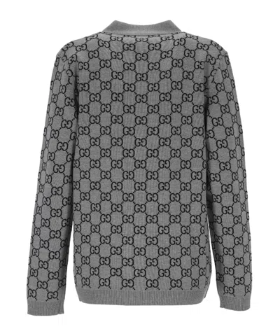 Gucci Wool Blend Cardigan With All-over Gg Motif In Gray