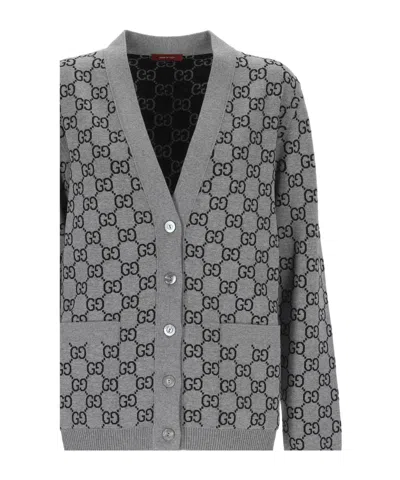 Gucci Wool Blend Cardigan With All-over Gg Motif In Gray