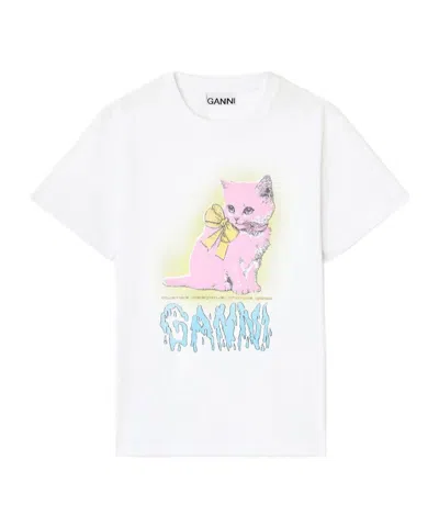 Ganni Neon Kitty Bright White T-shirt In White