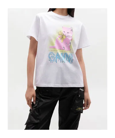 Ganni Neon Kitty Bright White T-shirt In White