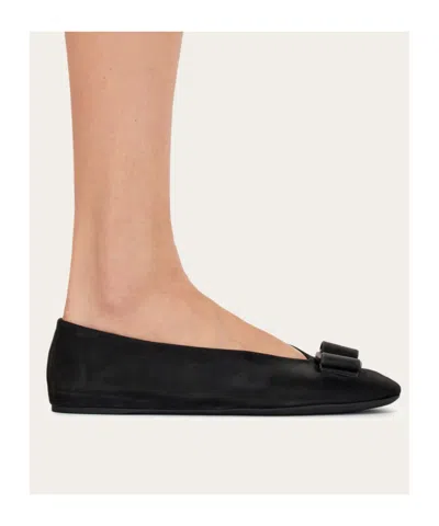 Ferragamo Leather Round Toe Ballerina Shoes With Bow Detail In Blue