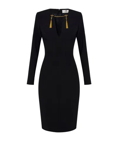 Elisabetta Franchi Light Crepe Dress With Black Jewel Chain In Black