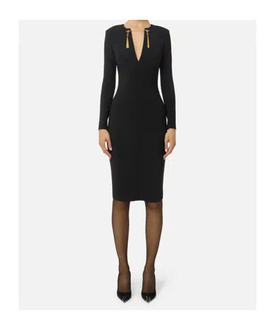 Elisabetta Franchi Light Crepe Dress With Black Jewel Chain In Black