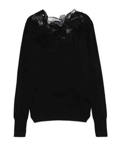 Ermanno Scervino Wool Turtleneck Sweater With Floral Embroidery In Black