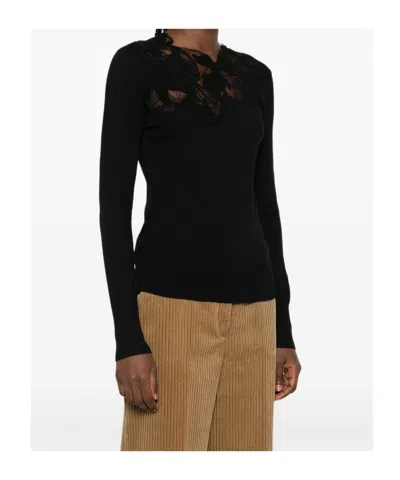 Ermanno Scervino Wool Turtleneck Sweater With Floral Embroidery In Black