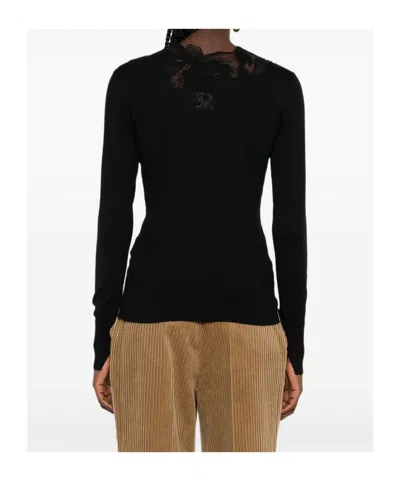 Ermanno Scervino Wool Turtleneck Sweater With Floral Embroidery In Black