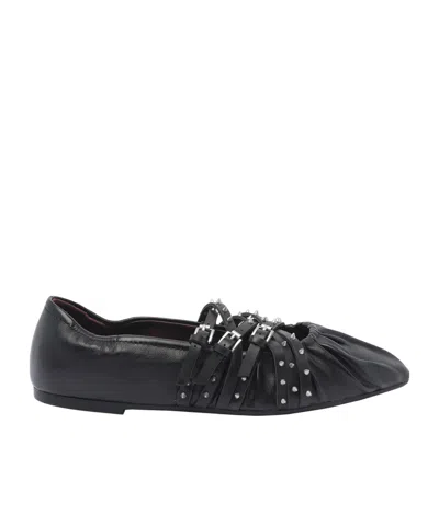 Ash Pointed Toe Leather Ballerina Shoes With Buckles And Studs In Black