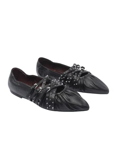 Ash Pointed Toe Leather Ballerina Shoes With Buckles And Studs In Black