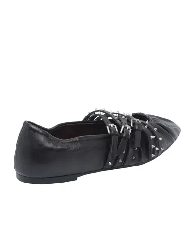 Ash Pointed Toe Leather Ballerina Shoes With Buckles And Studs In Black