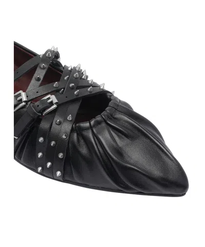 Ash Pointed Toe Leather Ballerina Shoes With Buckles And Studs In Black