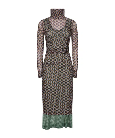 Dries Van Noten Printed Mesh Layered Midi Dress In Brown