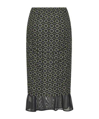 Dries Van Noten Green Printed Mesh Layered Midi Skirt In Black