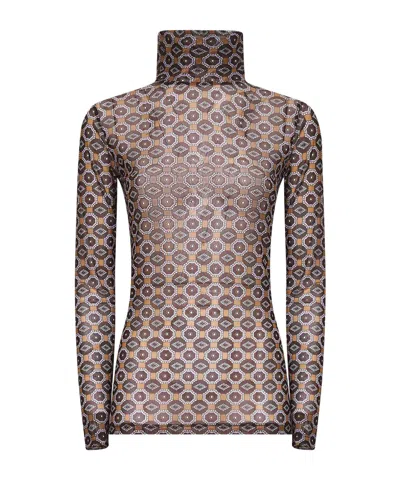 Dries Van Noten Semi-transparent Brown Print Turtleneck Jumper In Brown