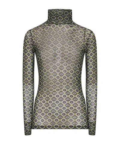 Dries Van Noten Geometric Pattern Turtleneck Long Sleeve Sweater In Green