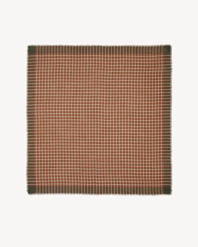 Saint Laurent Large Square Scarf In Madras Wool Twill In Brown
