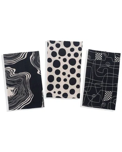 Tiramisu Monochrome Abstract Cotton Kitchen Towel Set In Black