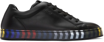 Fendi Face Stripe Detail Leather Sneakers In Nero + Nero