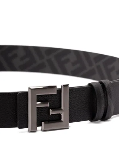 Fendi Ff Squared Leather And Ff Canvas Reversible Belt Accessories In Black