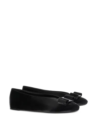 Ferragamo Leather Round Toe Ballerina Shoes With Bow Detail In Blue