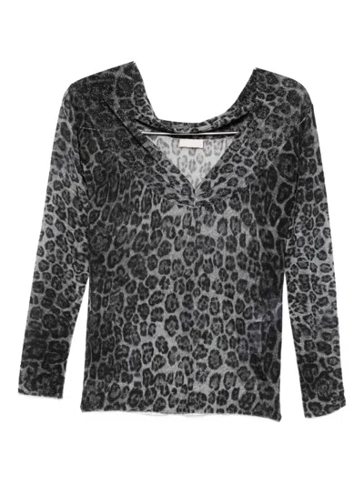 Liu •jo Lightweight Semi-sheer Grey Sweater With Leopard Print In Gray