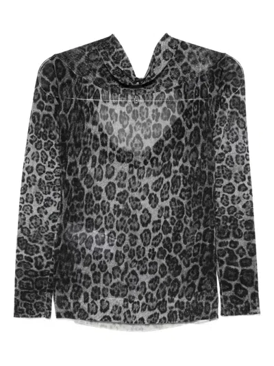 Liu •jo Lightweight Semi-sheer Grey Sweater With Leopard Print In Gray