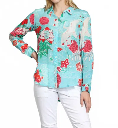 Apny Multi Button-up Shirt With Roll-up Sleeve In Turquoise In Blue