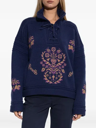 Etro Lace-up Embroidered Sweater In Multi