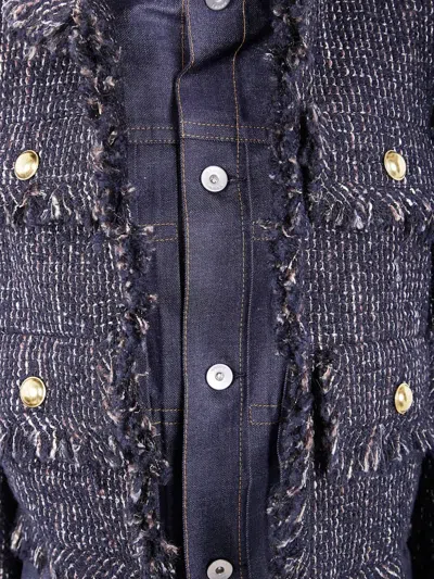 Sacai Tweed-panel Denim Jacket In Blue