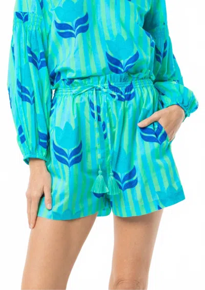 Bindu Carlie Stripes And Tulip Print Shorts In Turquoise Tulip In Multi