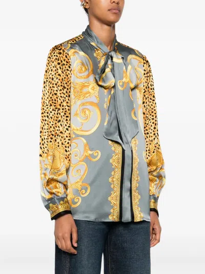 Versace Multicolor Shirt With Pussybow Collar And Leopard Motif In Silk Woman In Pink
