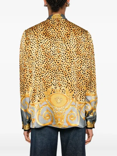 Versace Multicolor Shirt With Pussybow Collar And Leopard Motif In Silk Woman In Pink