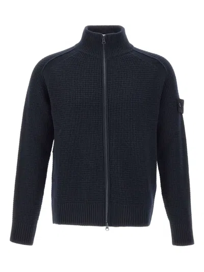 Stone Island High Collar Badge Cardigan In Blue