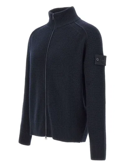 Stone Island High Collar Badge Cardigan In Blue