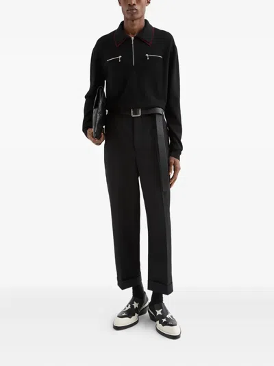 Jil Sander Black Sweater With Classic Collar And Front Zip Pockets In Wool Man In Black