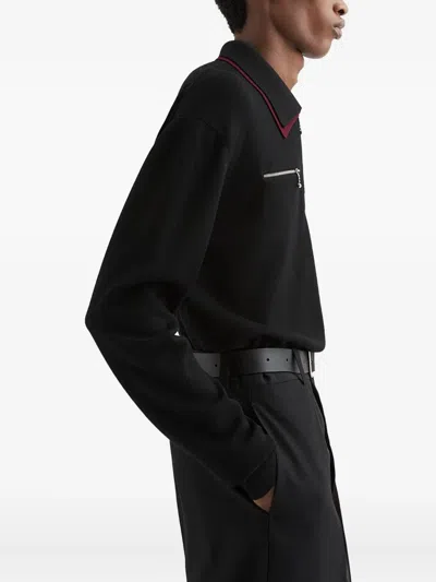 Jil Sander Black Sweater With Classic Collar And Front Zip Pockets In Wool Man In Black