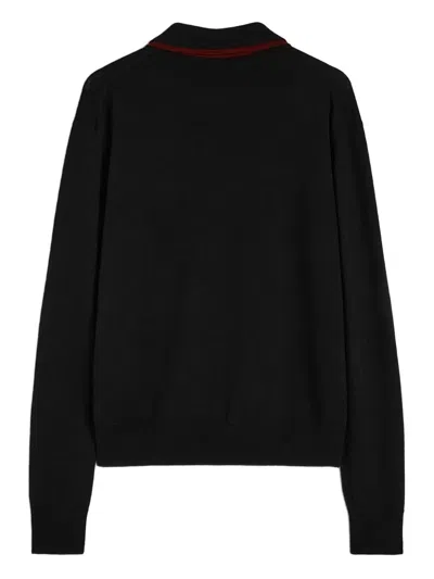 Jil Sander Black Sweater With Classic Collar And Front Zip Pockets In Wool Man In Black