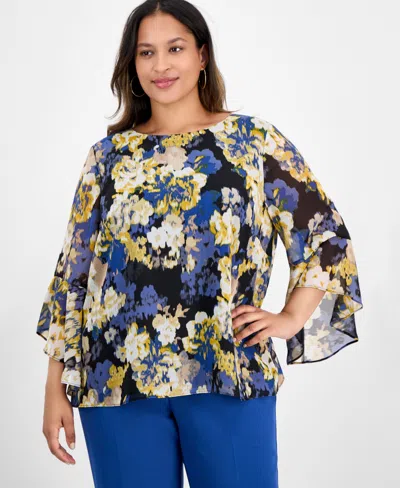 Kasper Plus Size 3/4-ruffle Sleeve Printed Blouse In Multi