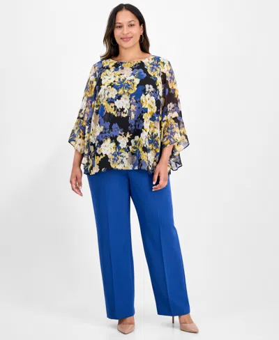 Kasper Plus Size 3/4-ruffle Sleeve Printed Blouse In Multi