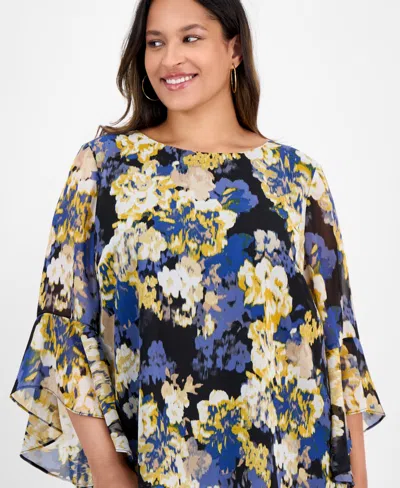 Kasper Plus Size 3/4-ruffle Sleeve Printed Blouse In Multi
