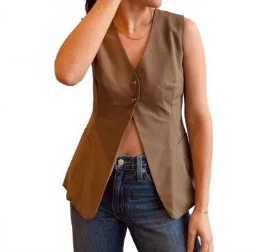Moon River Button Front Longline Vest In Olive In Brown