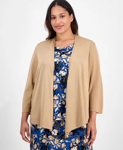 Kasper Plus Size 3/4-sleeve Open-front Cardigan In Brown