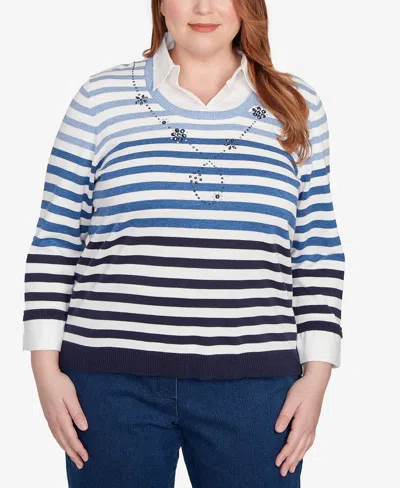 Alfred Dunner Plus Size Classic Ombre Stripe Two In One Sweater In Blue