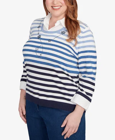 Alfred Dunner Plus Size Classic Ombre Stripe Two In One Sweater In Blue