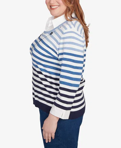 Alfred Dunner Plus Size Classic Ombre Stripe Two In One Sweater In Blue