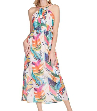Jade Front Crossed Halter Maxi Dress In Topical Foliage In Multi